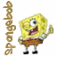 Pixelated yellow cartoon character with one eye, brown shorts, red tie, and raised arm holding a spatula-like object against white background with vertical text.