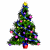 Animated Christmas tree icon with green foliage, pink and blue ornaments, yellow star top, red base, and multicolored lights on white background.