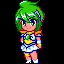 Pixel art character with green hair and blue-yellow outfit appears in multiple poses against black background, text overlays include 'Anime', 'MG', 'Webring' in various colors.