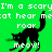 Pixelated black cat silhouette on green background with repeated text 'I'm a scary cat hear me roar' and 'meow!' in white pixel font.