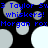 Animated pixel art displays blue text over a black background with gray and white circles, cycling between two states with text and circle positions shifting slightly.