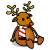 Brown reindeer with antlers and red nose wears red-and-white striped scarf, animated in five sequential poses showing leg and arm movement against gray background.