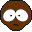 Pixelated cartoon face with large white eyes, small black pupils, and a downturned mouth on brown skin against gray background.