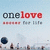A static image shows 'one love' text with red and gray lettering over a beach scene featuring silhouetted figures, a dark circular object, and distant sailboats under a light blue sky.