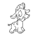 Pixelated grayscale icon of a cartoon character with long flowing hair, wearing a dress and holding an object in one hand.