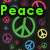 Pixelated image with green text 'Peace' top-left, 'Out' top-right, 'Homies' bottom-left, and multicolored peace signs on black background.