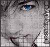 A grayscale portrait of a person with blue eyes, red lips, and dark hair in motion