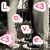 Pixelated static image with multiple pink and white icons on a dark gray background, including letters L, O, V, E and heart symbols.