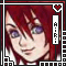 Pixelated anime-style icon with red hair and purple eyes, framed by a decorative border containing text.