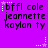 Purple background with repeated text and star motifs, featuring pixelated text 'bffl cole jeannette kaylan ty' and white star outlines in various positions.
