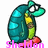 Pixelated teal and green cartoon character with yellow accents, red feet, and pink text below.