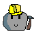 Pixel art of a gray rounded character wearing yellow hard hat with green stripe, holding blue and brown hammer, smiling on solid light gray background.