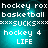 Pixelated text displays 'hockey rox', 'basketball', 'SUCKS', and 'hockey 4 LIFE' on a teal gradient background with subtle light effects.