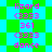 Pixelated text and numbers in pink on a green and cyan checkered background with a diamond pattern.
