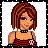 Pixel art of a woman with brown hair and purple eyeshadow wearing a red striped top, next to a red background with "MCR chick" text.