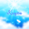A blue and white animated icon with the name 'Kryssa' in cursive script, featuring a heart-shaped cloud outline that changes position across frames.