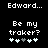 Pixelated text reads 'Edward...' above 'Be my traker?' with five heart symbols below, two versions show different heart color sequences.