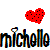 Pixelated red hearts and stylized text 'michelle' with glitch effects on white background, transitioning to a smaller version of the same design.