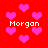 Red background with scattered pink hearts and four instances of the text 'Morgan' in white pixelated font.