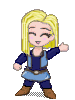 Pixelated character with blonde hair in two poses: left arm extended forward, right arm raised in a wave, wearing blue and brown outfit with belt.
