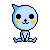 Pixelated blue cat-like character with yellow cheeks sits in lotus position, displaying multiple facial expressions
