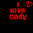 Red pixelated text 'I love Cody' with a heart symbol above the word 'love', displayed on black background.