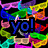 Colorful abstract pattern with swirling lines and a central 'yo!' text, transitioning to a gray mask-like shape.