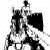 Pixelated grayscale image of a figure holding a flag, standing on a base with a small object nearby.
