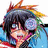 Pixelated anime-style character with dark hair, blue eyes, and a colorful gradient background featuring orange, yellow, green, and blue hues.