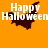 Animated orange background with "Happy Halloween" text and a dark bat silhouette changing position across frames.