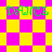 Green pixelated text "DANCE" appears on a yellow and pink checkered background with diamond-shaped patterns.