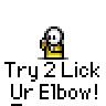 A 3x3 contact sheet of an animated pixel art icon showing a stick figure character with blue sparkles, repeatedly saying "Try 2 Lick Ur Elbow!" and one frame displaying the text "DAMNIT!" in a speech bubble.