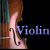 A static image of a violin with the word "Violin" in blue text below it, set against a black background.