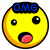 Yellow circular emoji face with black eyes and pink tongue, blue text above head reading "OMG" in top-left view.