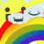 Pixelated cartoon character with white face, black eyes, and purple mouth on rainbow background under yellow sky.