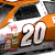 Animated sequence showing an orange and white race car with number 20, transitioning from a close-up to full vehicle view against white background.