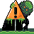 Pixel art of an orange triangular warning sign with a black exclamation mark, mounted on a pole, with green and purple dripping effects against a gray background.