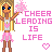 Pixel art icon of a cheerleader character with long blonde hair holding pink pom-poms, next to bold pink text reading "CHEER LEADING IS LIFE" and a small pixel heart symbol.