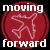 Three animated frames of a buddy icon showing different moving forward symbols in red, yellow, and green circular backgrounds with white text.