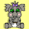 Gray cartoon elephant with green eyes, pink cheeks, and a purple bow sits in diaper on yellow background.