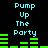Pixelated cyan text "Pump Up The Party" appears twice on a black background with green audio equalizer bars shifting between frames.