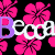 Animated icon with pink hibiscus flowers on black background, white text 'Becca' and purple 'c' cycling through positions.