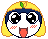 Pixelated cartoon face with yellow hair, blue headband, red cheeks, and a green apple on top of the head.