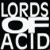 A 50x50 pixel animated buddy icon split into two vertical sections: left side displays "LORDS OF ACID" in white blocky text on black background, right side shows "Original Icons .com" in green cursive text on dark green background.