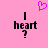Pink background with two identical black text blocks reading 'I heart ?' and a purple pixelated heart above them.