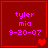 Red square frame with pink text 'tyler mia 9-20-07' and heart symbols changing from one to two to three across four