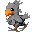 Pixelated bird avatar with orange beak and brown feet, cycling through four walking poses in gray, blue, white, and yellow color variations.
