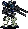 Pixel art of a blue and green mecha with large black cannons, standing on light gray background.