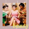A static image of three women in vintage-style clothing seated together, with the word 'beauty' in yellow text below them.