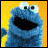 Blue puppet-like character with large white eyes and black pupils, wide open mouth, yellow background, two side-by-side views showing eye position differences.